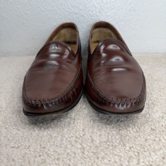 Santoni Loafers Brown Leather Dress Shoe Size 9 Slip On Moc Toe Whipstitch Italy - Picture 3 of 15
